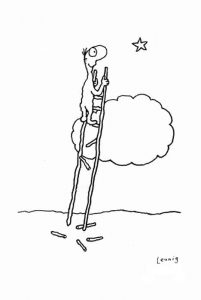 Man on a ladder looking at a star above the clouds - by Leunig. Use this meditation routine to bring light and hope